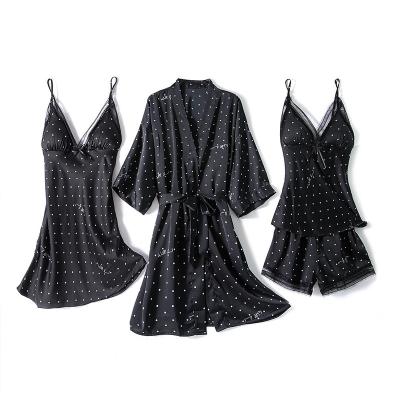 China 2022 New Arrival Summer QUICK DRY Women's Pajamas Slim Polka Dot Four-Piece Set Straps Silk Satin Home Wear Dressing Gown for sale