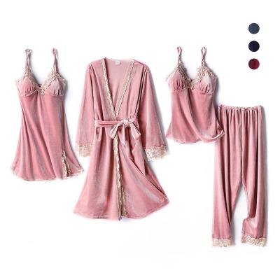 China Red QUICK DRY Velvet Lace Sleepwear Lounge Wear Nightgown Pajamas Set Suspenders Four-Piece Women's Pajamas-Female Sexy Pajamas Women for sale