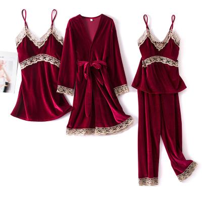 China QUICK DRY Loungewear 4 Piece Set Set Winter Velvet Sexy Sling Nightgown Long Sleeve Women's Velvet Long Dress for sale