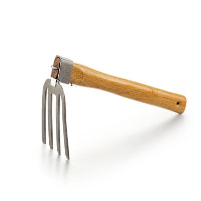 China carbon steel mini rake with fork-shaped wooden handle for sale