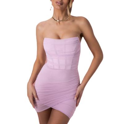 China Hot Selling Women Summer Anti-static Fishbone Breast Solid Color Dress Sexy Strapless Bodycon Mini Dress Net Short Dress for sale