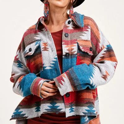 China Autumn Women Clothing Button Pocket Coat Comfortable Geometric Split Jacket Women's Western Aztec Jacket for sale