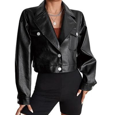 China New Black Waterproof Custom Fashion Loose Short Sheath Women's V-Neckline Long V-neck Long Leather Jacket for sale