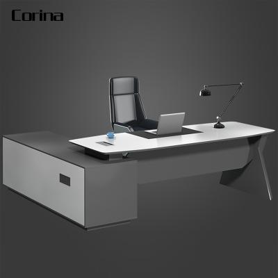 China (Size)Corina Adjustable L Modern Gray Solid Surface Office Furniture Desk CEO Boss Desks With Drawers for sale