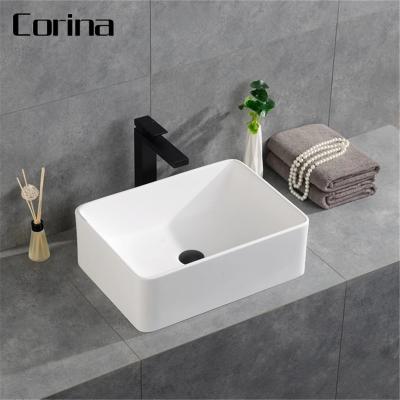 China Custom Corina Modern Square White Modern Wash Basin Artificial Stone Above Counter Bathroom Sinks for sale