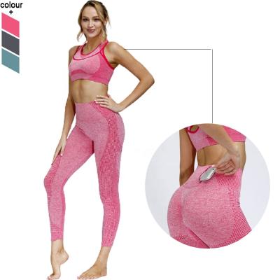 China Wholesale Antibacterial Seamless 2PCS Active Wear Women Workout Sets Yoga Suit With Zippered Pockets for sale