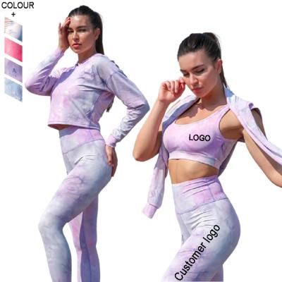 China Breathable Seamless Activewear 3 Piece Yoga SetTie-Dye Hoodie Sport Fits Long Sleeve Workout Fitness Sets for sale