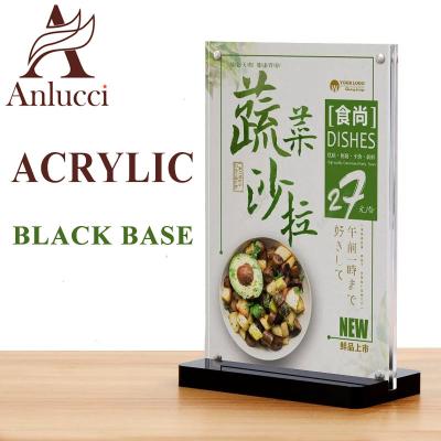 China Easy to Use A4 A5 A6 Vertical and Horizontal Acrylic Table Top Display Stand Table Menu Holder with Black LOGO Silk Screen Base for sale