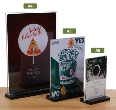 China Fashion Custom Acrylic Vertical Display Stand Table Menu Holder Easy To Use With Black Base for sale