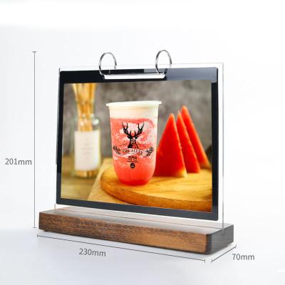 China Acrylic Paging Table Horizontal Menu Sheet Holder With Wooden Stand Table Sign Menu Paper Frame Desktop Display Card Holder Racks for sale