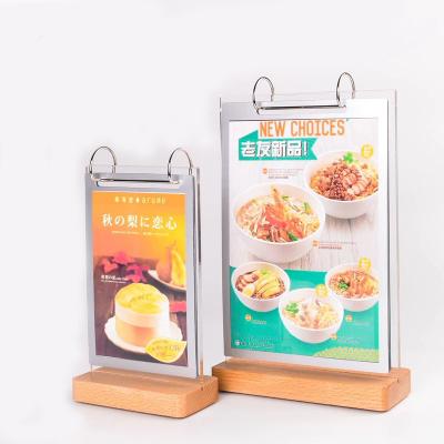 China Acrylic Paging Restaurant Board Menu Holder Table T Shaped Display Stands With Wood Base for sale