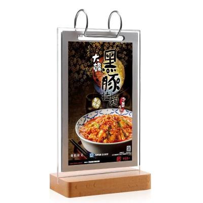 China Paging Best Selling Rotatable Transparent Acrylic Table Menu Holder With Wooden Stand for sale