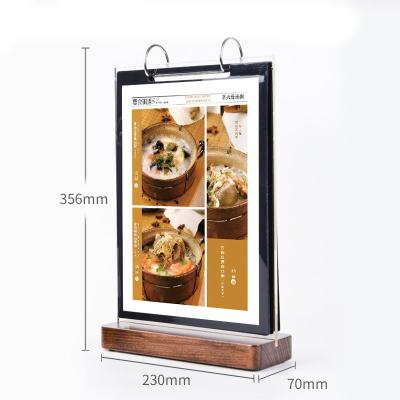 China Acrylic Double Sided Paging Flip Wooden Base Table Card Sign Holder T Shape Table Top View Menu Holder Display PVC Stand for sale