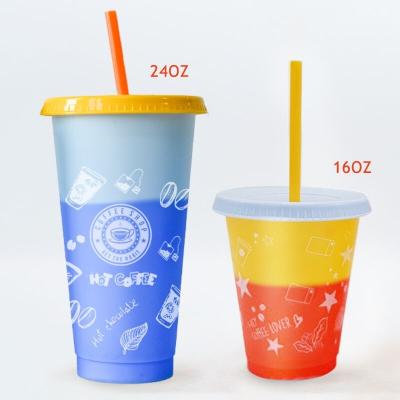 China Super Hard Reusable Color Changing Tumble PP Cold Water Plastic Cup With Lid And Straw 16oz 24oz for sale