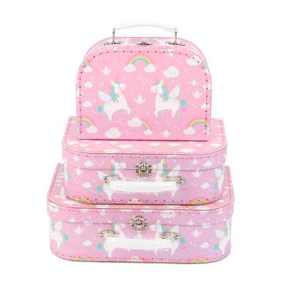 China Wholesale Recycled Materials Christmas Suitcase Unicorn Pattern Cardboard Suitcase Kids Cardboard Suitcase Toy for sale