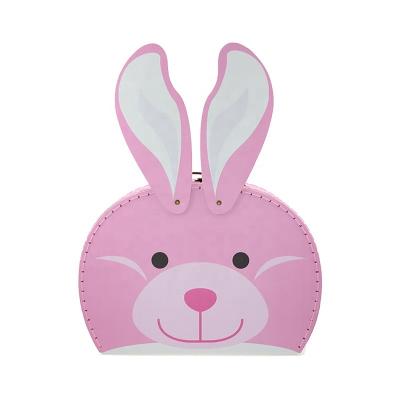 China Recycled Materials Kids Paper Suitcases Open Pink Rabbit Shape Paper Suitcase Box With Handle for sale