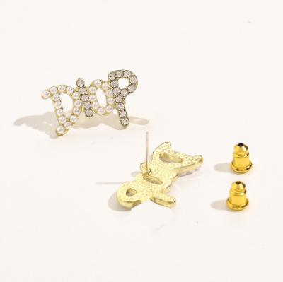 China Best Selling Simple Vintage D Letter Earrings Style Lady Pearl Rhinestone Earrings for sale