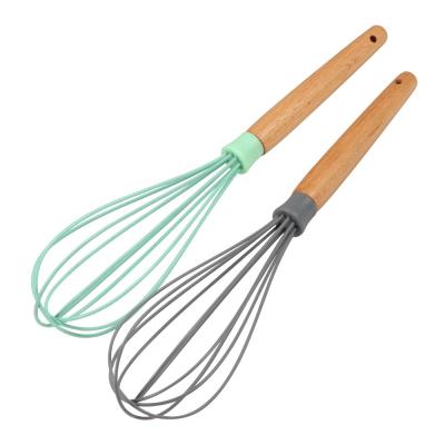 China Wooden Handle Egg Beater Silicone Wire Viable Egg Beater Kitchen Utensils Baking Cooking Instrument Non-Stick Balloon Beater for sale