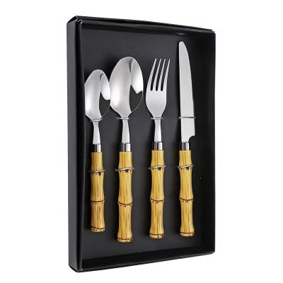 China Viable Bamboo Plastic 4 Pieces Stainless Steel Western Silverware Utensils Knife Fork Spoon Dinner Set Cutlery Set With Gift Box for sale