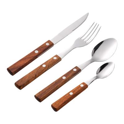 China Sustainable 4pcs Stainless Steel Dinnerware Set Knife Spoon Fork Set Wooden Handle Cutlery Set Western Flatware Collection for sale