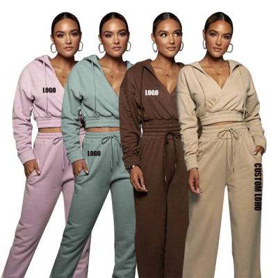 China Winter Breathable Apparel Deep Crop Top Two Piece Pants Women Fall Drawstring Tracksuit Girl Sweatsuit Set for sale