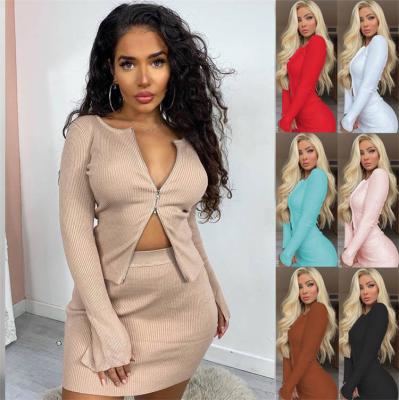 China Women Two Piece Bodycon Ladies Mini Dresses Customize Logo Breathable Long Sleeve Zipper Dress Set for sale