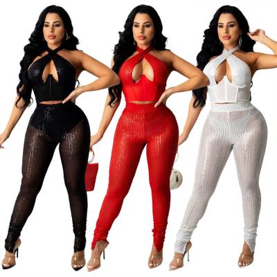 China Autumn Clothes New 2021 Breathable Sequin Fits Sleeveless 2 Piece Set Women Bodycon Deep V Tracksuit Lounge Wear For Women for sale