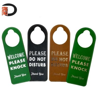 China PVC Do Not Touch PU Button Sign Welcome Please Knock Leather Door Hanger for sale