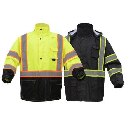 China Water Proof Class 3 Premium Two Tone Hooded Rain Coat With Black Bottom Reflective Markings for sale