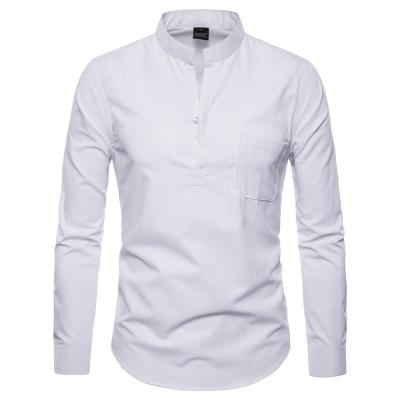 China Fashion Men's Casual Shirt Anti-pilling Long Sleeve Solid Cotton Henry Collar Comfort Dress Shirts for sale