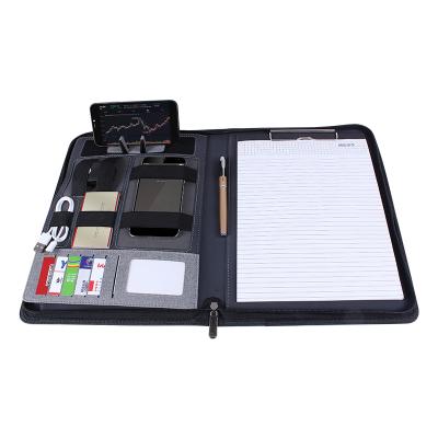 China Multi-functional A4 PU Leather Folder Business Manager Zipper Power Bank Folder Leather Folder for sale