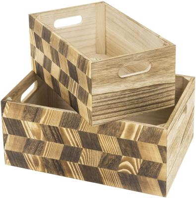 China Sustainable Burnt Wood Chevron Design Decorative Nesting Storage Crates with Cutout Handles, Set of 2 for sale