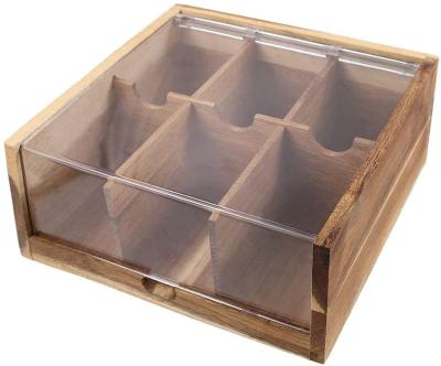 China Viable Organizer Storage, 6 Compartment Tea Chest Acacia Wood Tea Bag Box with Acrylic Clear Hinged Lid for sale