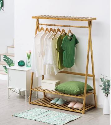 China Sustainable Bamboo Clothes Hanging Rack Heavy Duty with 2-Tier Top Shelf Clothing and Shoe Storage Organizer Shelves for sale