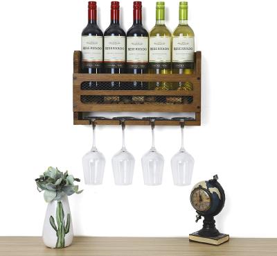 China Sustainable Wall Mounted Wooden Wine Rack 5 Wine Bottles and Wine Cork Storage Rack Walnut Brown 4 Stem Glass Rack for sale