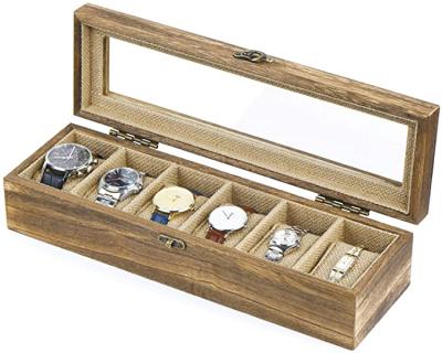 China Organizer Display for Mens Womens, 6 Slot Europe Wooden Watch Box Case Box with Glass Top, Vintage Style for sale