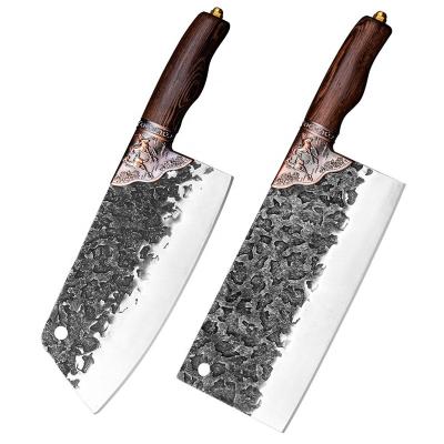 China Viable 7 Inch Carbon Steel Meat Cleaver Knives Hand Forging Dragon Riot Chinese Wooden Handle Cutting Boning Butcher Knife for sale