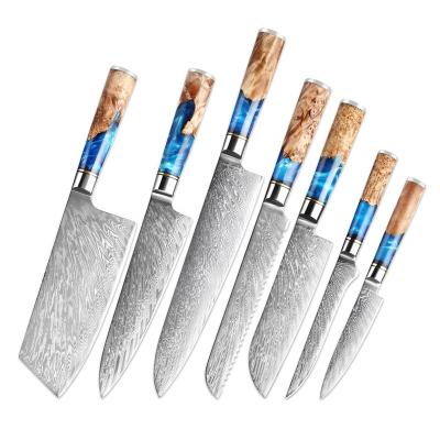 China Viable Kitchen Survival Knives Masks Chef's Gyuto Japanese Damascus Knife Resin Handle Custom Handmade 67 Vg 10 Layer Santoku Steel Blue for sale