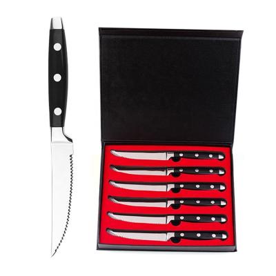 China Viable Custom Gift Wooden Handle Stainless Steel Germany Hugh End 6 PC Serrated Steak Knife Set With Box for sale