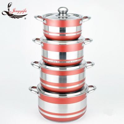 China Sustainable Stock Red Color 8pcs Pot Set Sandwich Bottom Stainless Steel Cookware for sale