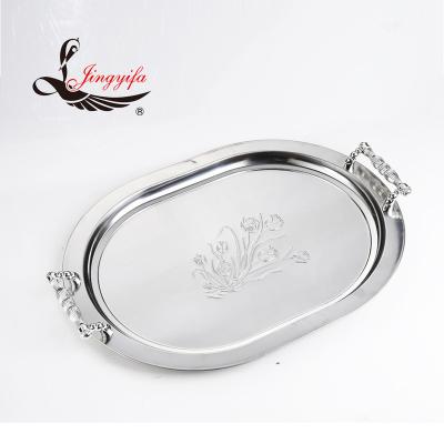 China Serving Equipment Oval Stainless Steel Food Serving Tray BBQ Tray Buffet Tray with Handle for sale