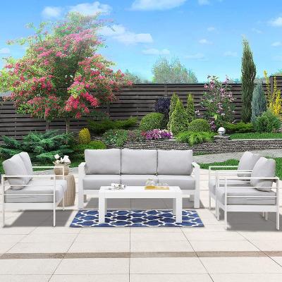 China Outdoor Metal Furniture Best Sofa Sets of 5 PCs Spring Garden Modern Aluminum Elegant Industrial Style White for sale