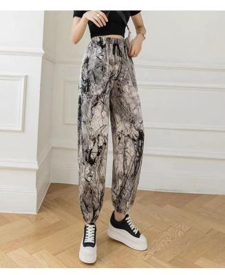 China QUICK DRY Minimum Order Quantity Ink Paint Dye Tie Drawstring Pants Women Summer Slim Chiffon Bloomers for sale