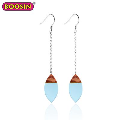 China Unique Designs Unique Blue Resin Shape Drop Teardrop Wooden Hook Earrings With Sterling Chain for sale