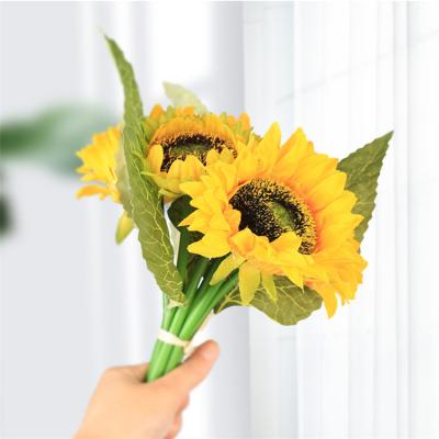 China Simulation high cheap price small size three headed artificial sunflower, decorative artificial sunflower for wedding home for sale