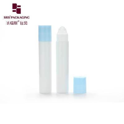 China Clear Frosted PP PCR Plastic Bottle With Sky Blue Colored Screw Cap and Roller Ball For Cosmetic Care Serum Packaging for sale