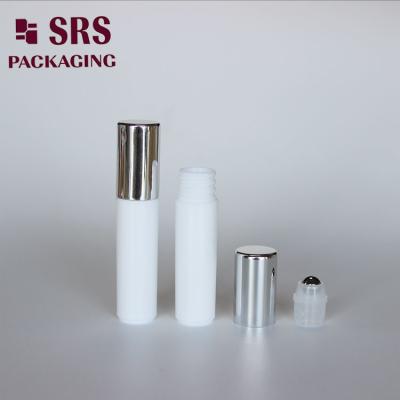 China SRS empty cosmetic 5ml white plastic roller ball bottle with silver cap for sale