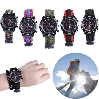 China 2021 New Outdoor Multifunctional Thermometer Flint Fire Starter Gear Watch ET-S786 Survival Wristband Watch 2021 for sale