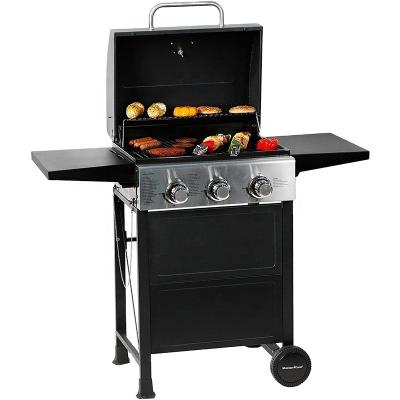 China Easily Assembled Black Outdoor 3 Burner BBQ Propane Grill with Two Foldable Shelves for sale