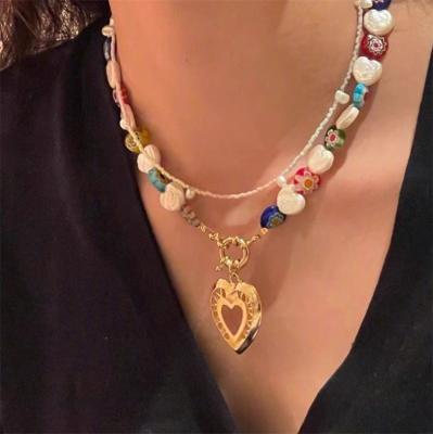 China Fashionable Jewelry Beautiful Flower Love Glass Bead Necklace Beaded French Vintage Colorful Necklace Women Gift for sale